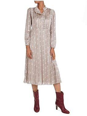 BA&SH Paris Pleated Midi Dress Size 6 Long Sleeve Ruffle Mock Neck Chiffon Shiny